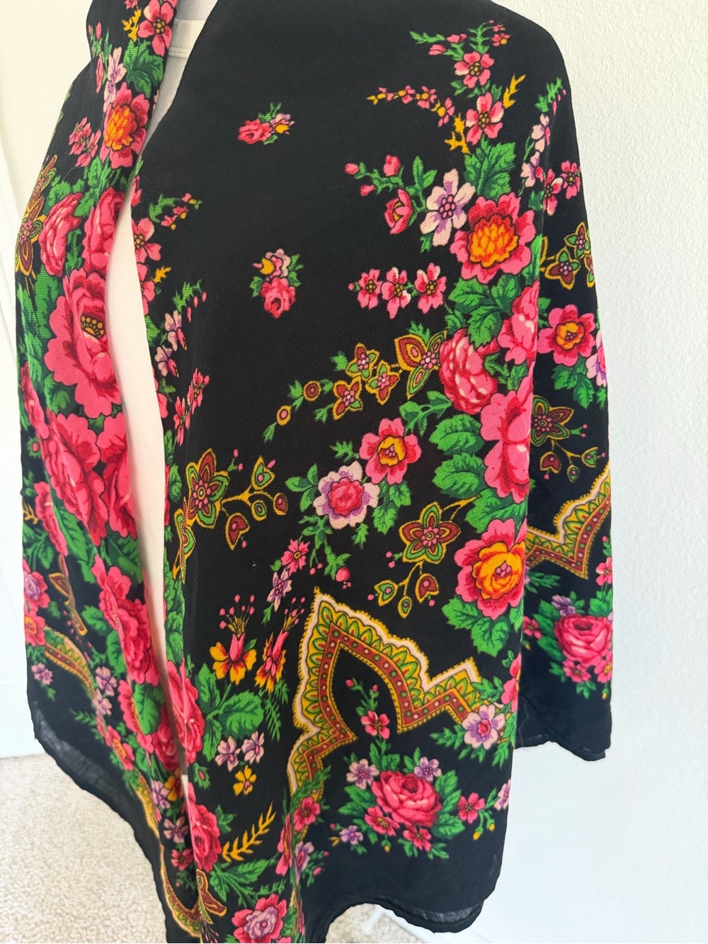 Black Floral Shawl/Scarf with Pink Rose Print - Picture 3 of 5